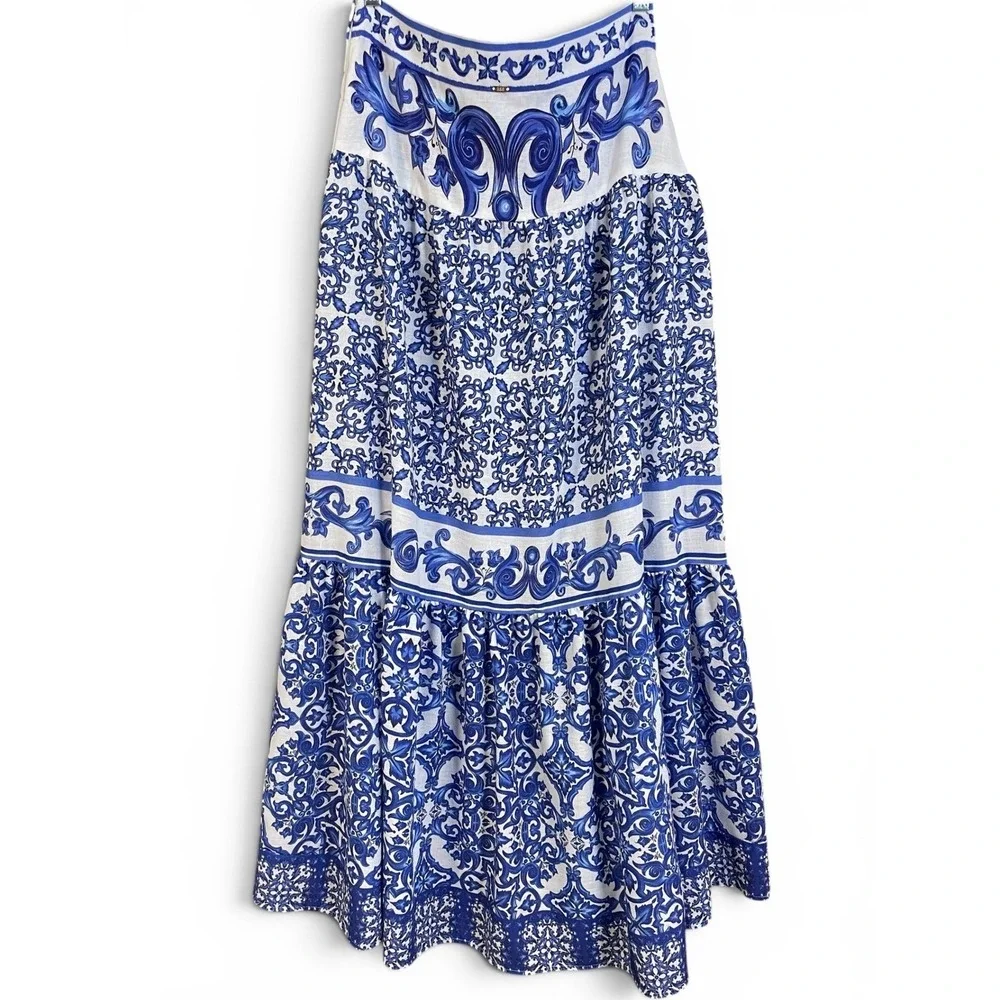 BSB Collection Blue White Majolica Print Tiered Ruffle Maxi Skirt Womens 42 US 6